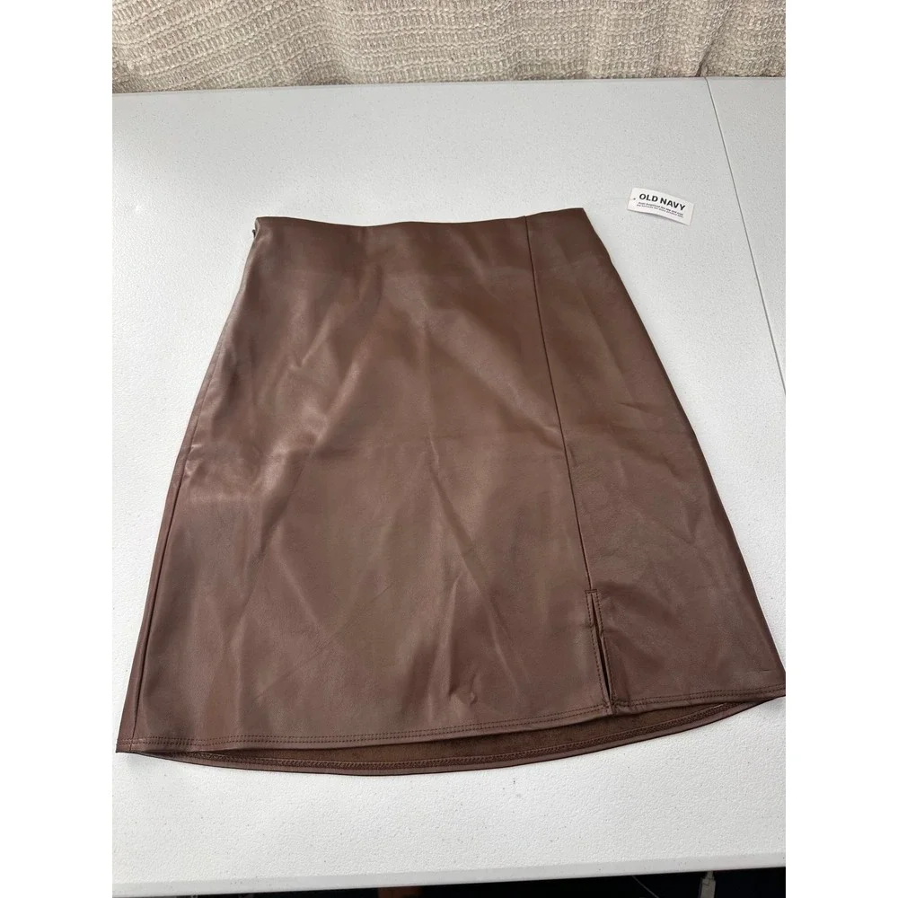 Old Navy Skirt Faux Leather Fitted Mini XS Espresso Bark Brown NWT Vegan Slit